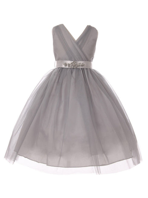 Little Girls Silver Rhinestone Satin Sash V-Neck Tulle Flower Girl Dress 2-6 - SophiasStyle.com